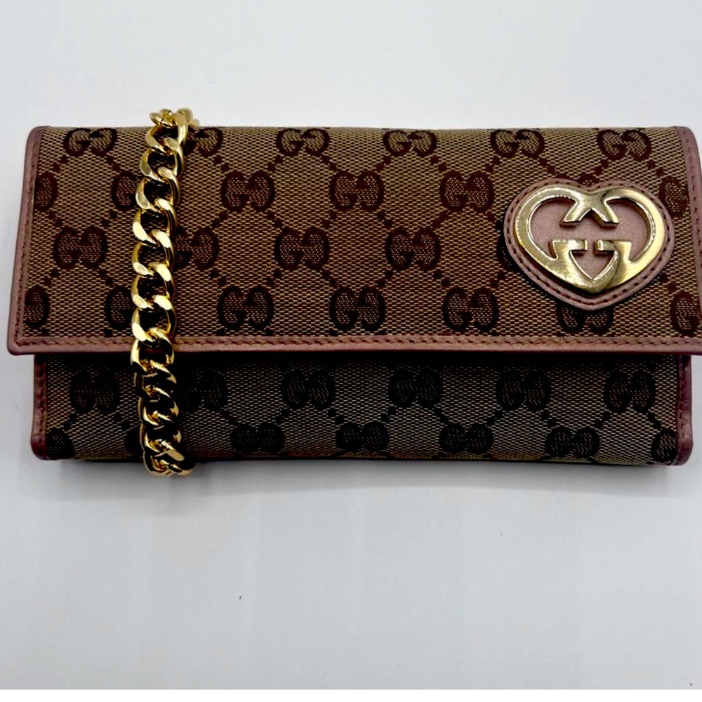 AUTHENTIC GUCCI GG MONOGRAM PINK LEATHER TRIM LOVELY HEARTS WALLET